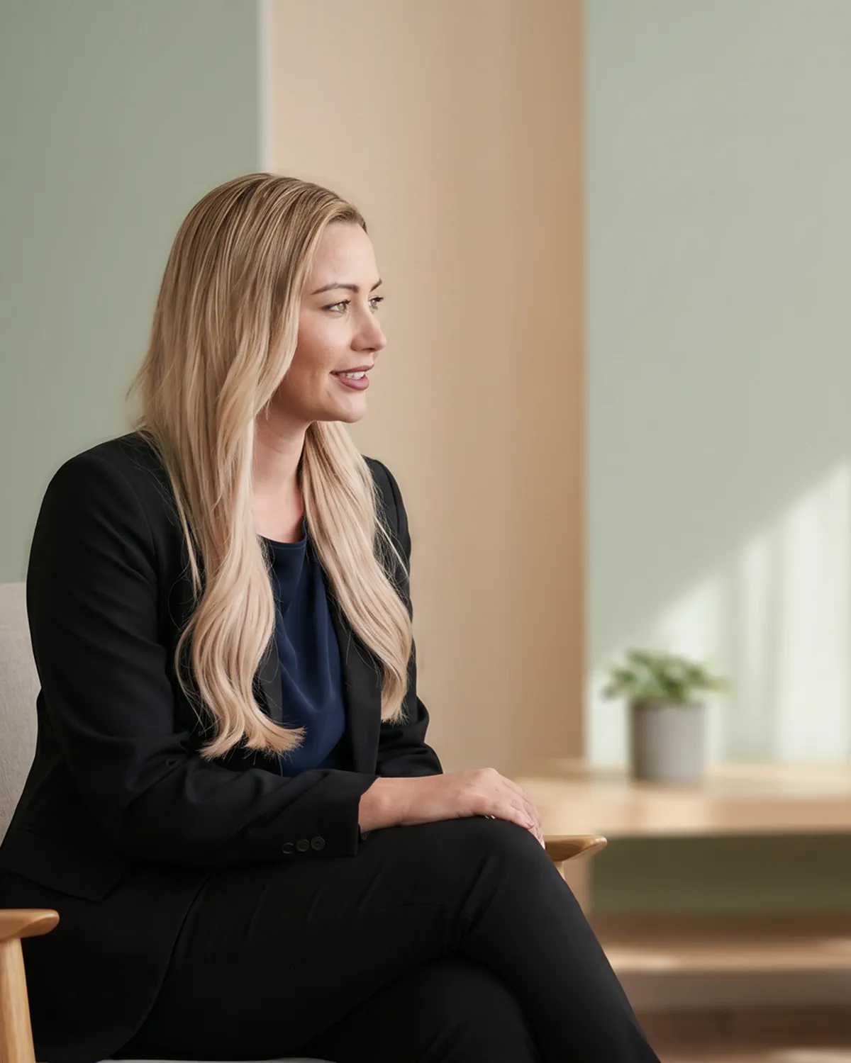 A Target Behaviour Services practitioner sits in a calm consultation room with a thoughtful expression.