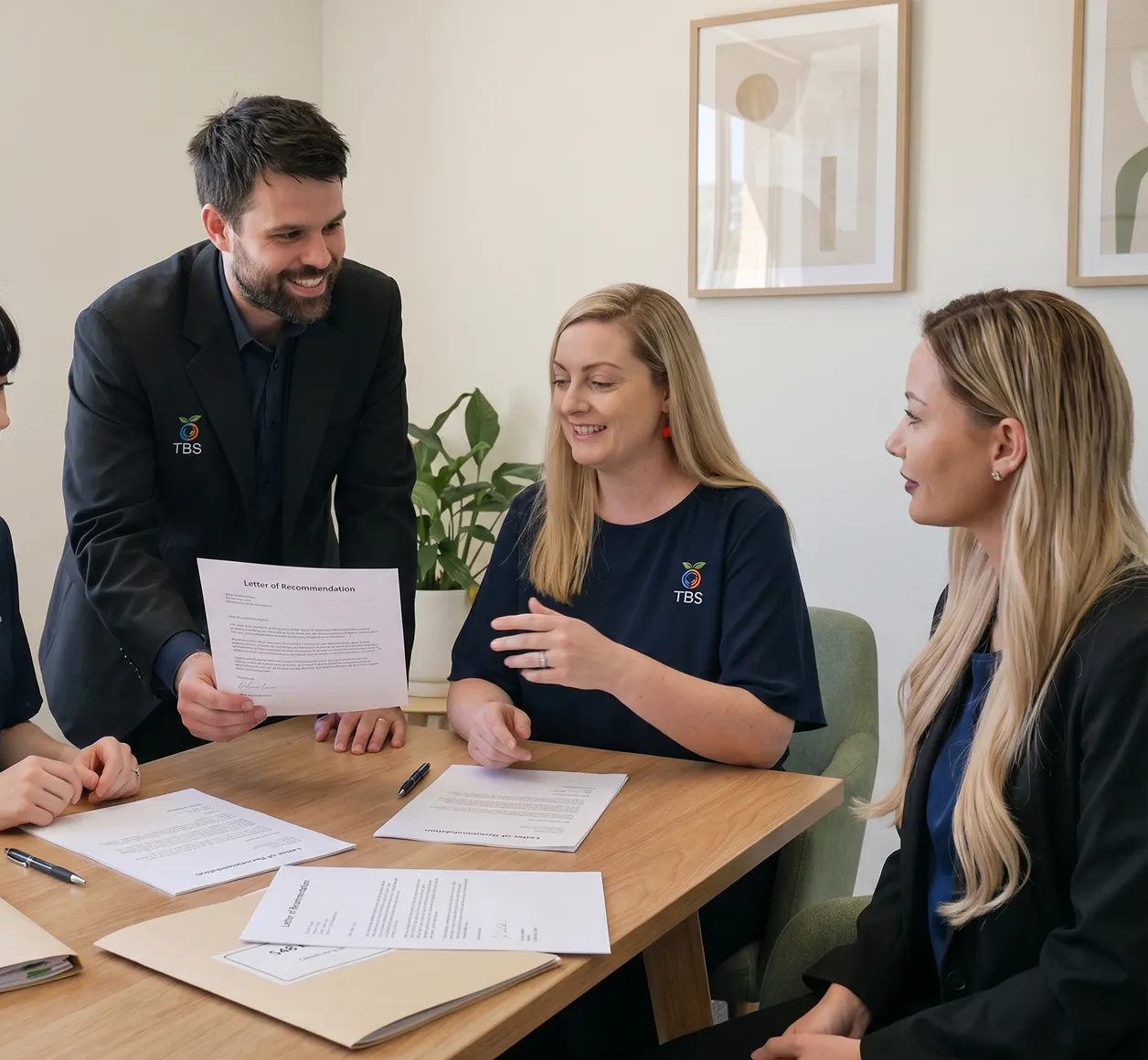 Target Behaviour Services team members review a Letter of Recommendation document together at a meeting table.