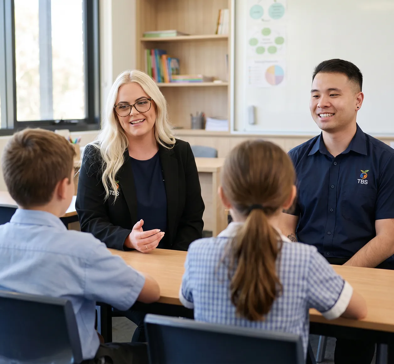 Two Target Behaviour Services practitioners working with young students at a classroom table.