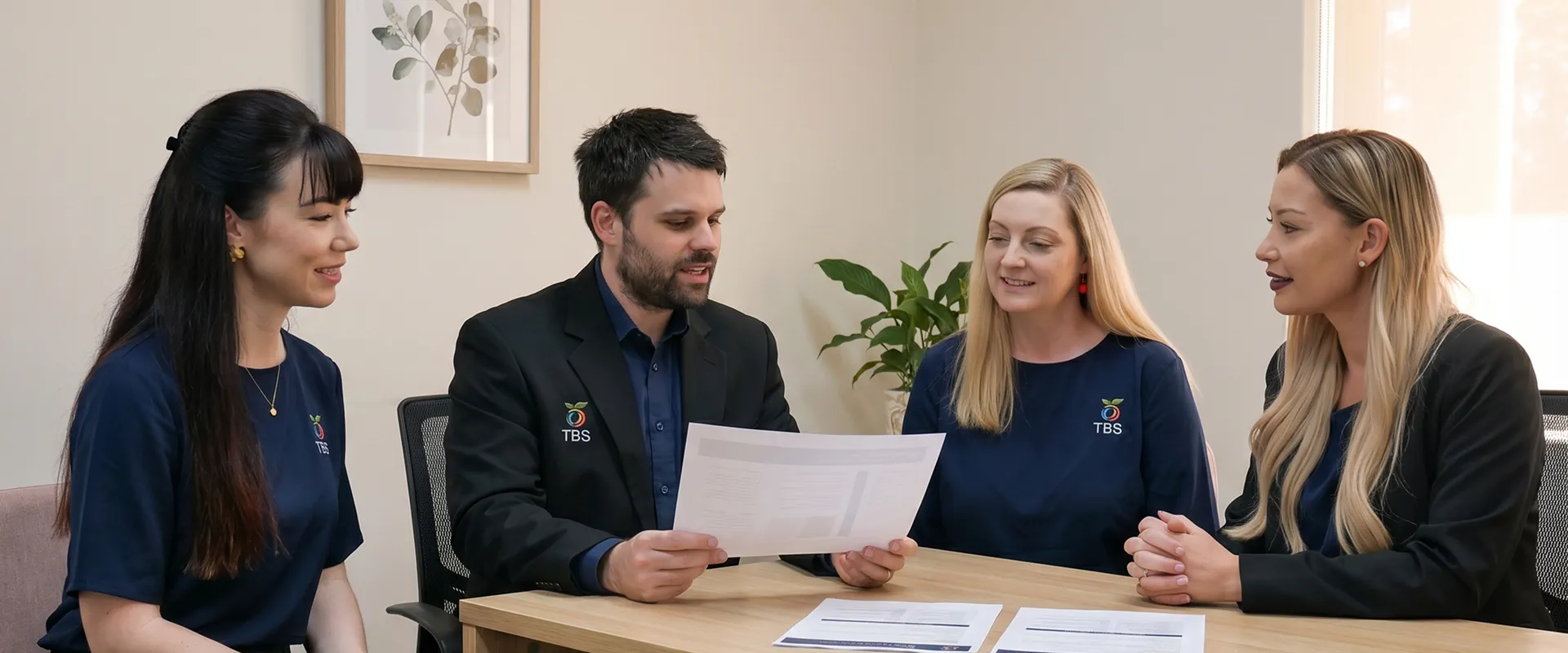 Four Target Behaviour Services team members review documents together at a meeting table.