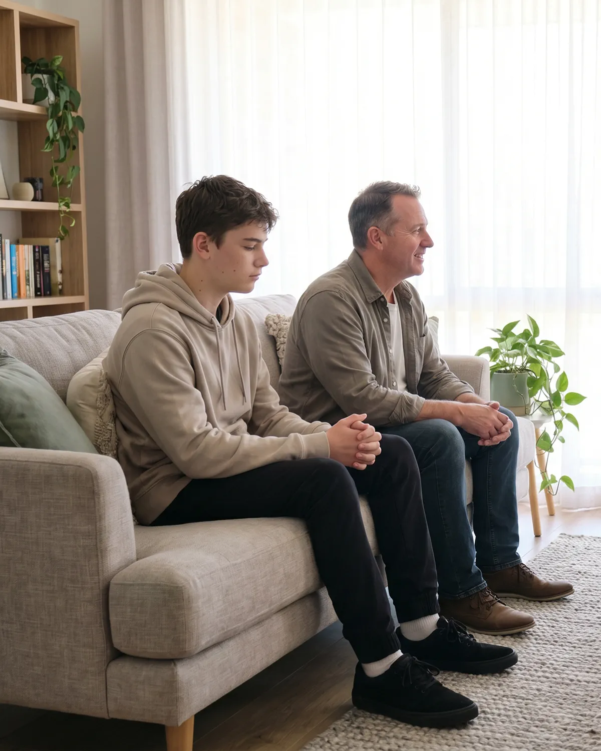 A teenage boy in a hoodie and his father sit on a couch looking attentively to the left during a behaviour support session at home.