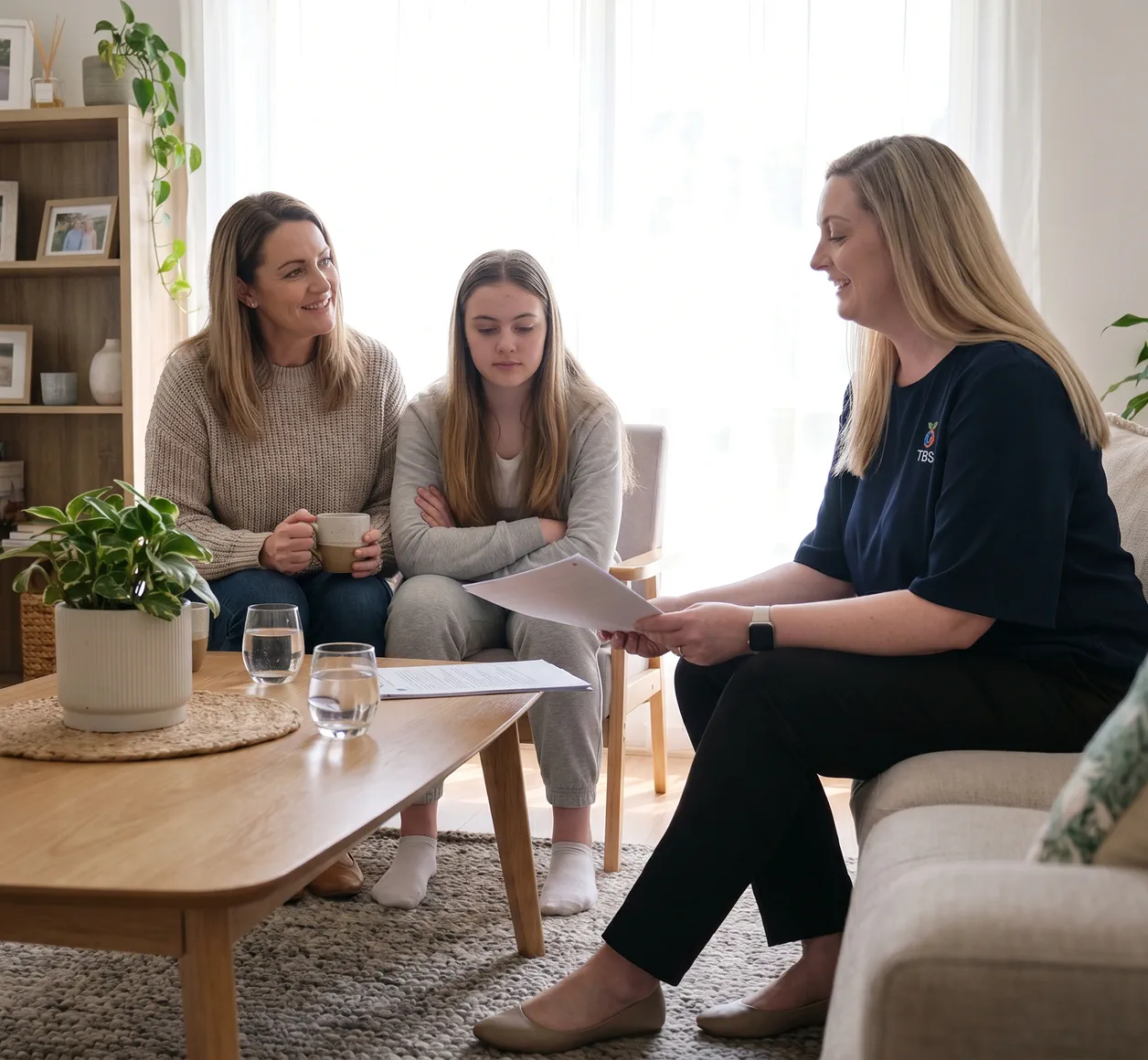 A Target Behaviour Services practitioner sits with a mother and her teenage daughter holding a document during a behaviour support conversation.