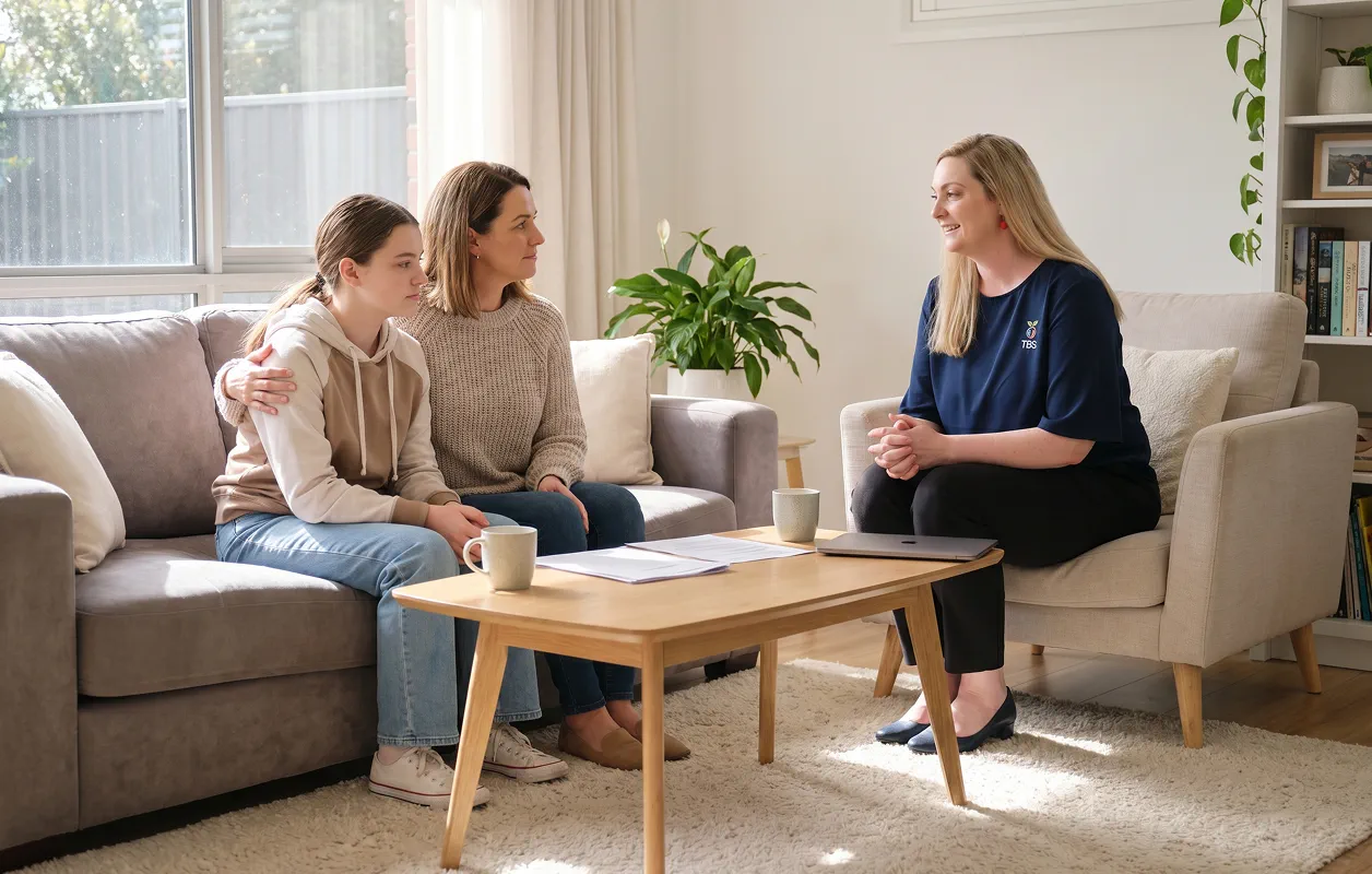 A Target Behaviour Services practitioner sits across from a mother and her teenage daughter on a couch during a comprehensive behaviour support plan discussion at home.