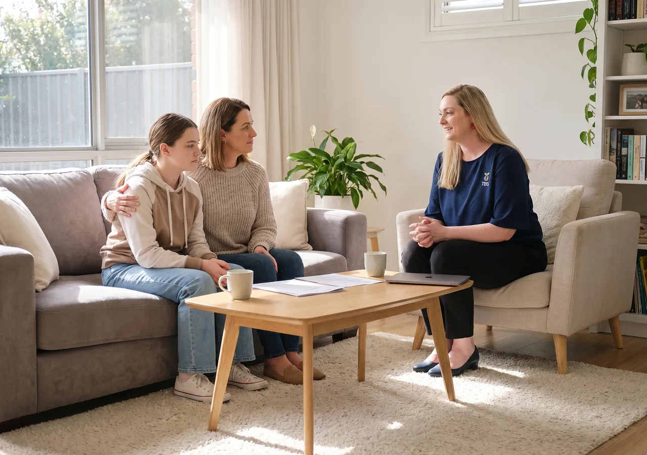 A Target Behaviour Services practitioner speaks with a mother holding her teenage daughter close on a couch in a sunlit living room.