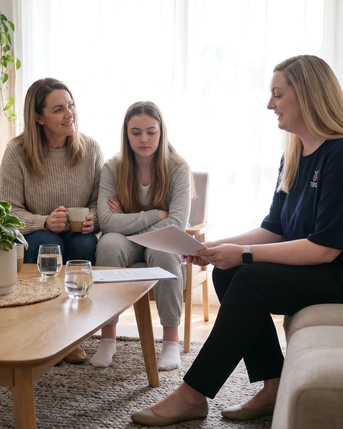 A Target Behaviour Services practitioner shows a document to a mother and her teenage daughter at a coffee table during a comprehensive behaviour support plan review at home.