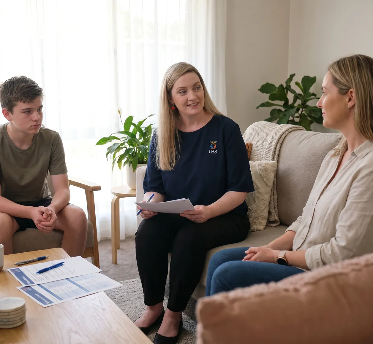 A Target Behaviour Services practitioner sits on a couch with a teenage participant and his mother, holding a document during a comprehensive behaviour support plan discussion.