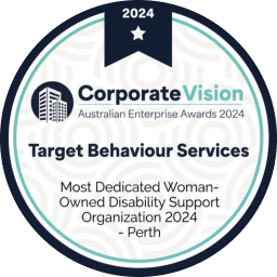 Corporate Vision Australian Enterprise Awards 2024 winner badge for Target Behaviour Services: Most Dedicated Woman-Owned Disability Support Organization 2024, Perth.