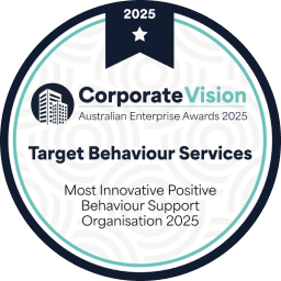 Corporate Vision Australian Enterprise Awards 2025 winner badge for Target Behaviour Services: Most Innovative Positive Behaviour Support Organisation 2025.