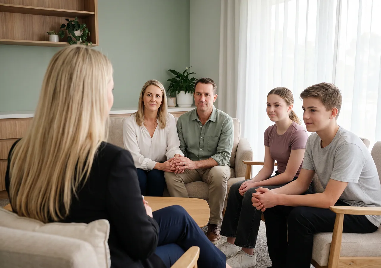 A Target Behaviour Services practitioner speaks with a family of four (mother, father, teenage daughter and teenage son) in a calm living room.