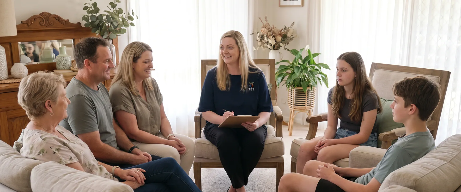 A Target Behaviour Services practitioner meets with three generations of a family in their living room, taking notes on a clipboard.