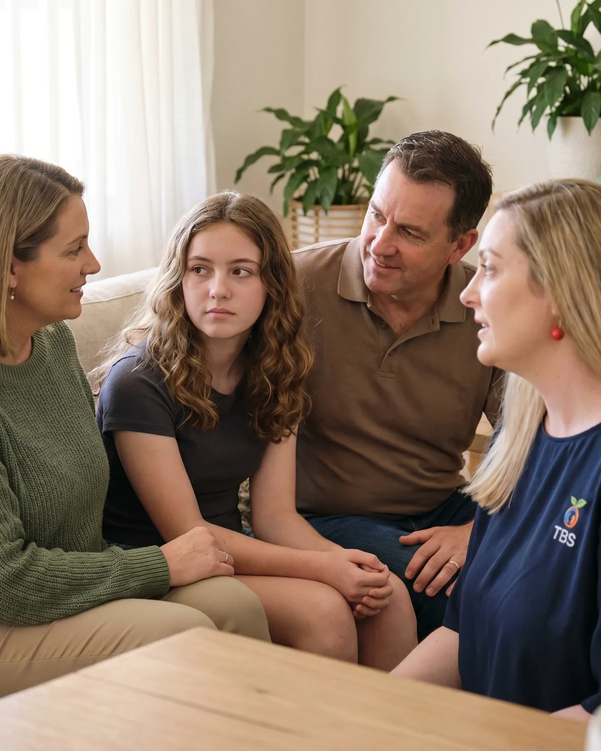 A Target Behaviour Services practitioner sits with a mother, father and teenage daughter on a couch during a close-knit behaviour support conversation.