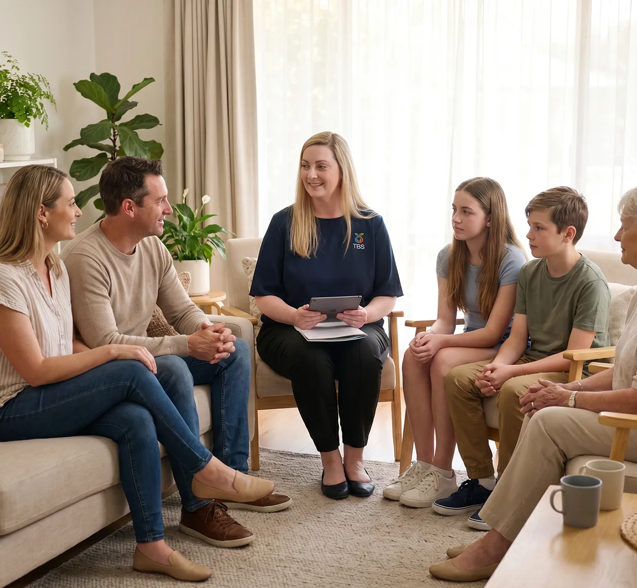 A Target Behaviour Services practitioner speaks with three generations of a family — parents, teenage children and a grandparent — gathered in a sunlit living room.