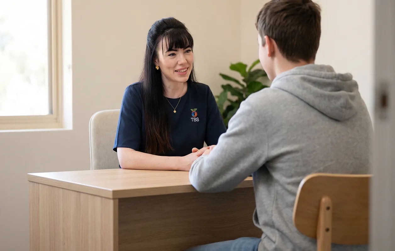 A Target Behaviour Services practitioner sits across a wooden desk smiling warmly while speaking with a teenage participant during a one-on-one session.