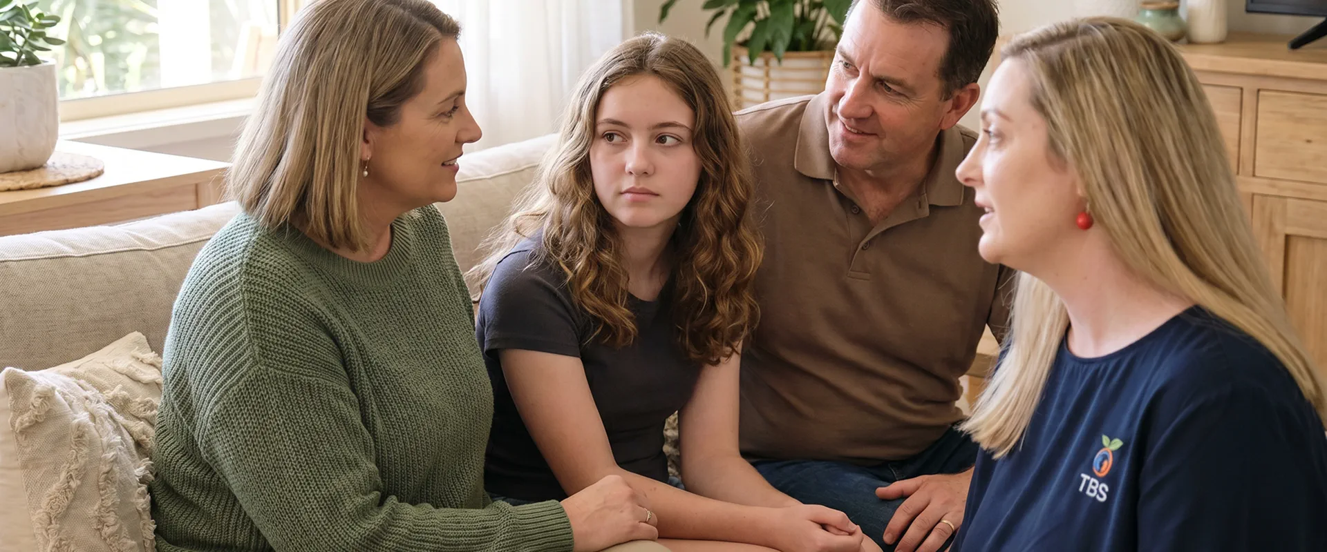 A Target Behaviour Services practitioner sits with a mother, teenage daughter and father on a couch during a functional behaviour assessment conversation.