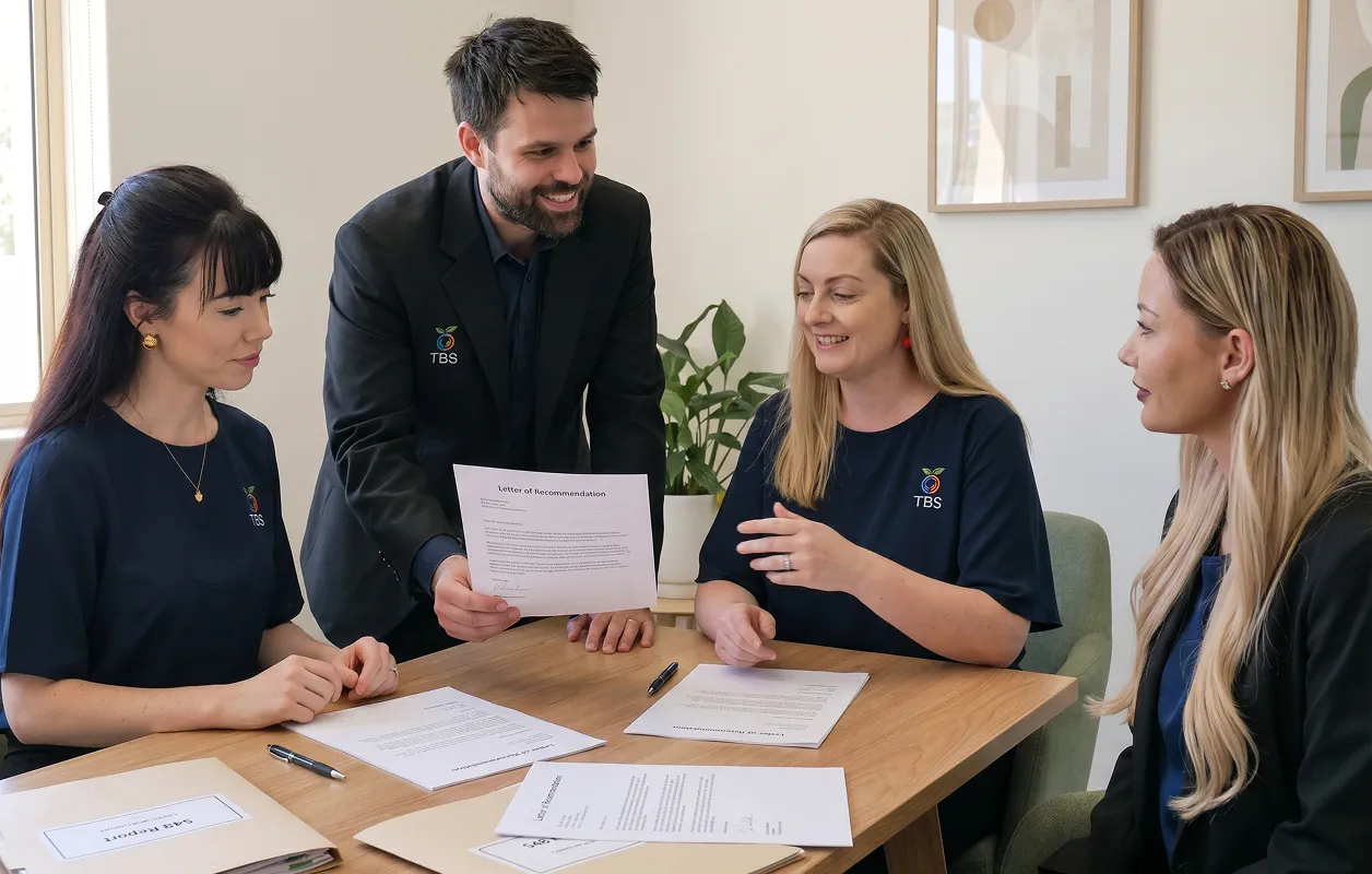 Target Behaviour Services team members review a Letter of Recommendation document together at a meeting table.