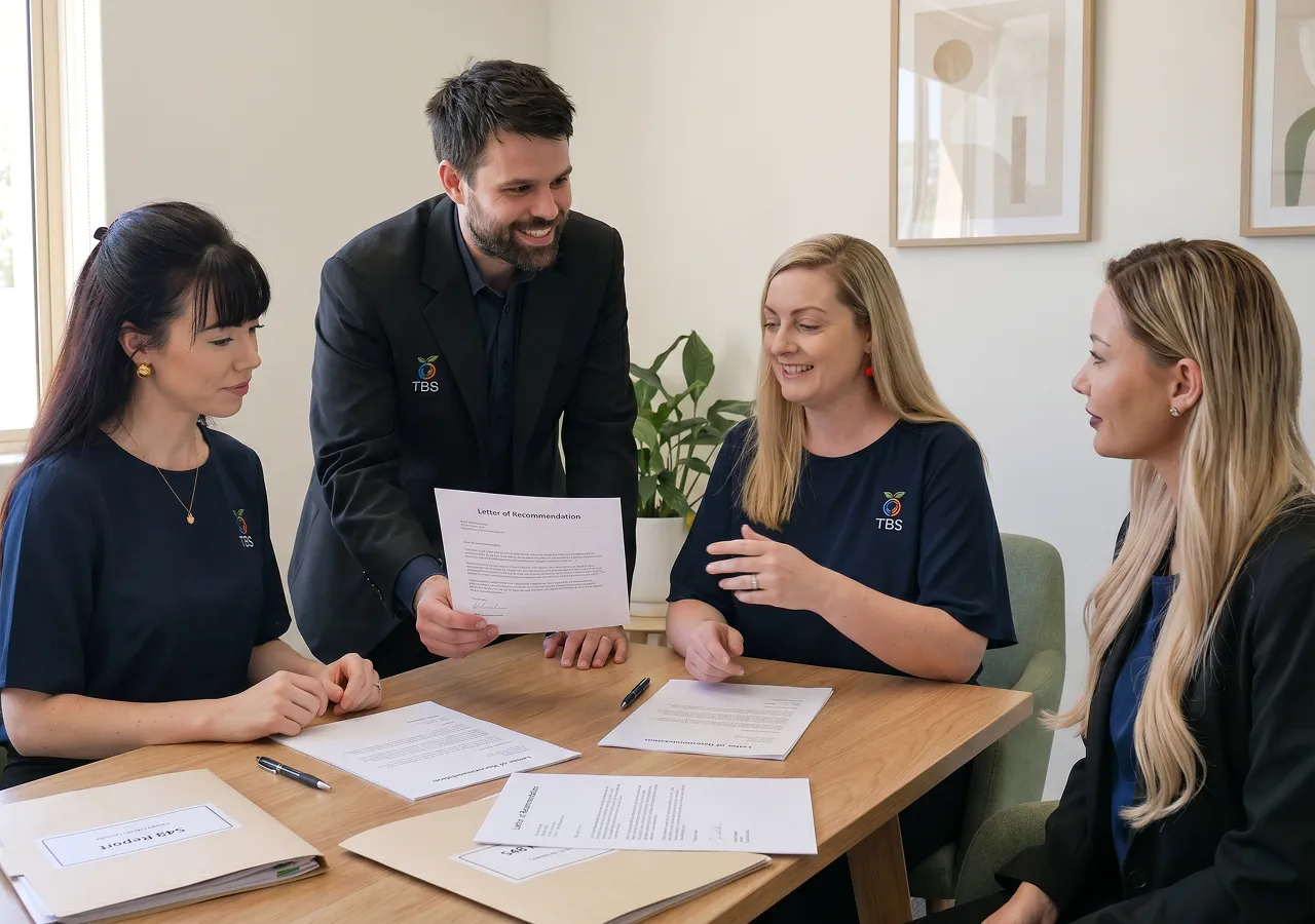 Target Behaviour Services team members review a Letter of Recommendation document together at a meeting table.