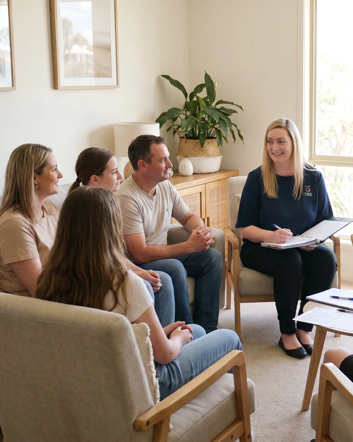 A Target Behaviour Services practitioner sits with a family of four in their living room taking notes during a behaviour support discussion.