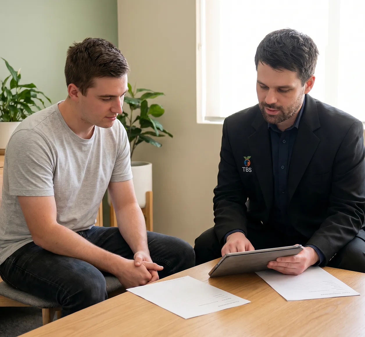 A Target Behaviour Services practitioner shows information on a tablet to a young male participant at a wooden table.