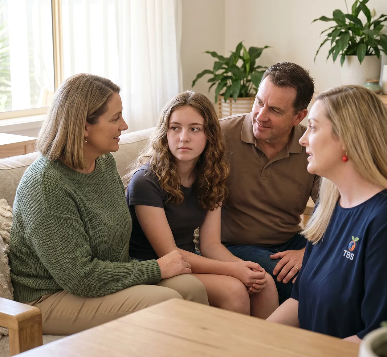 Mother holding her teenage daughter close on a couch in a sunlit living room.