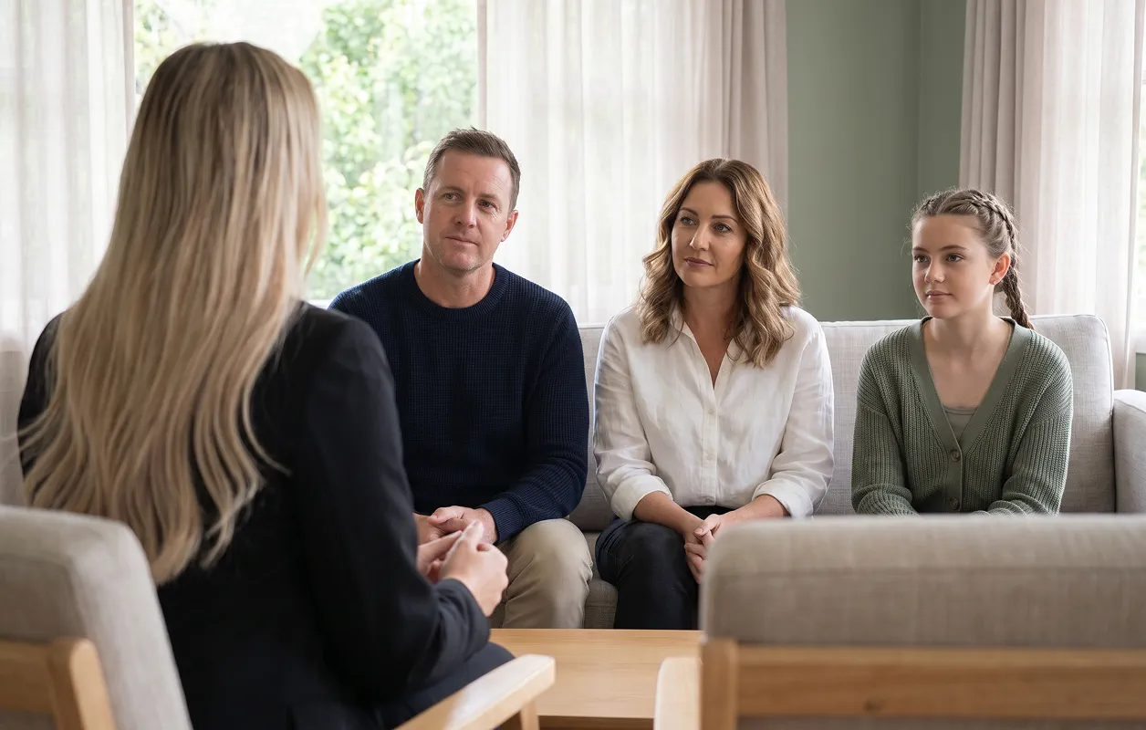 A father, mother and teenage daughter sit on a couch listening attentively while a Target Behaviour Services practitioner speaks with them.