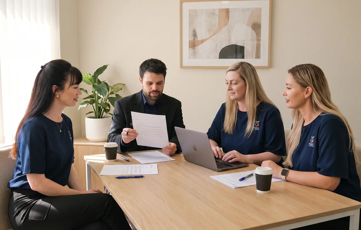 Four Target Behaviour Services team members in TBS shirts and one in a suit collaborate around a meeting table reviewing a participant document.