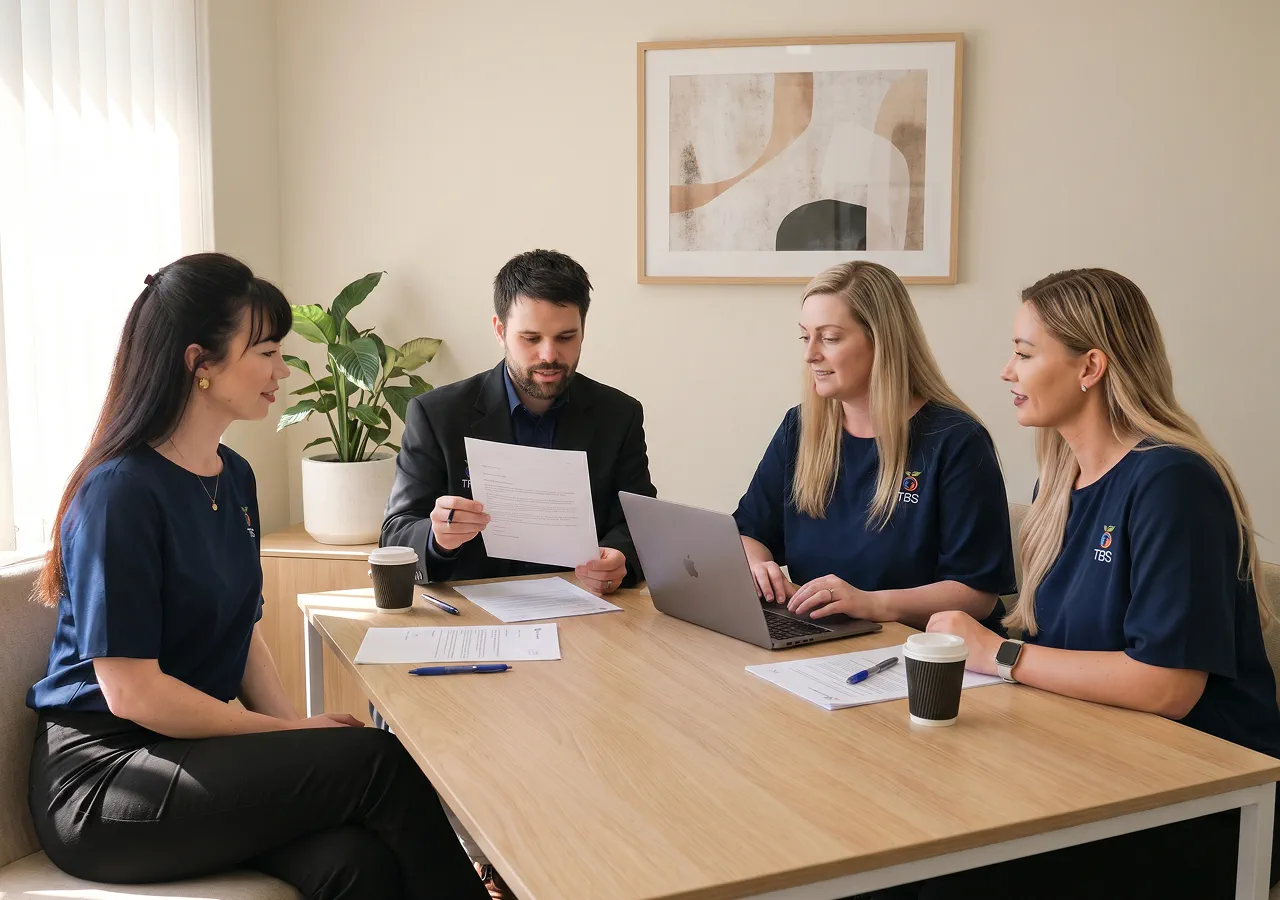 Target Behaviour Services team members review a participant document together at a meeting table.