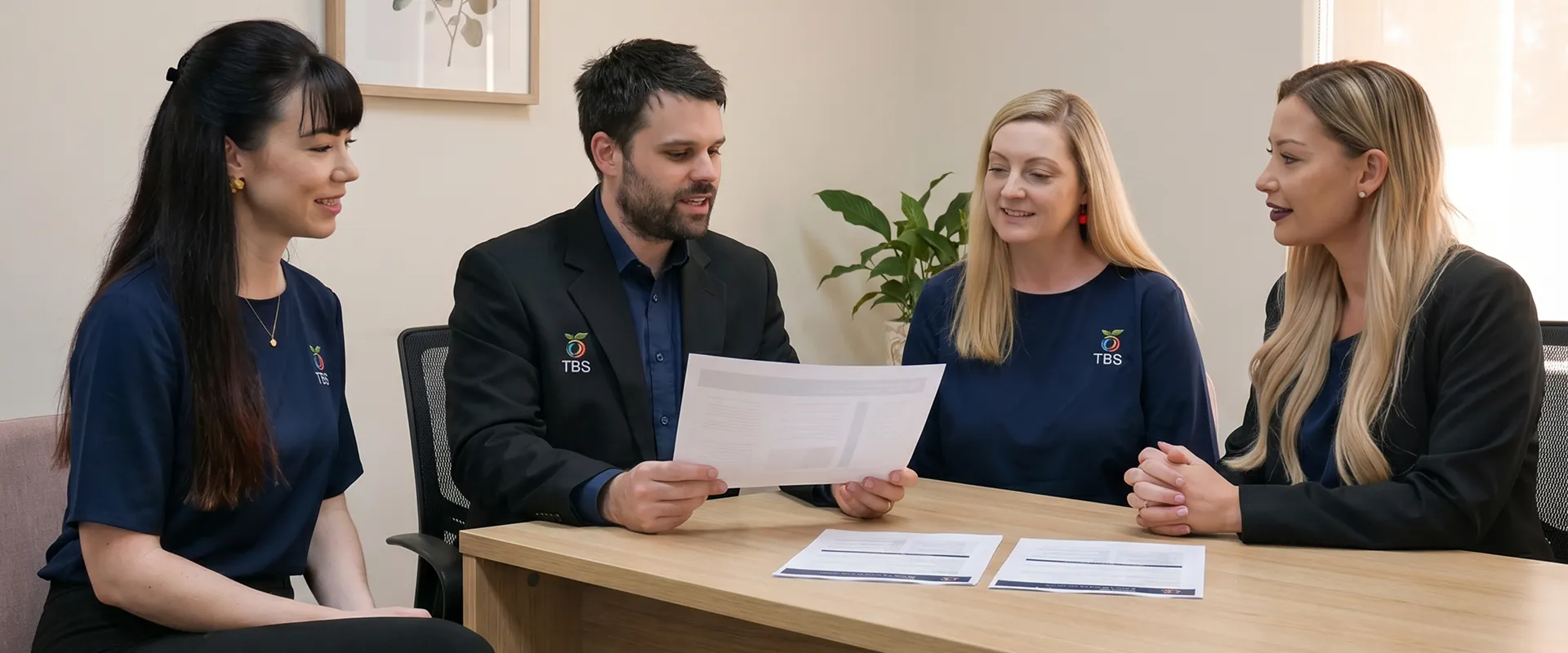 Four Target Behaviour Services team members review a letter of recommendation together at a meeting table.