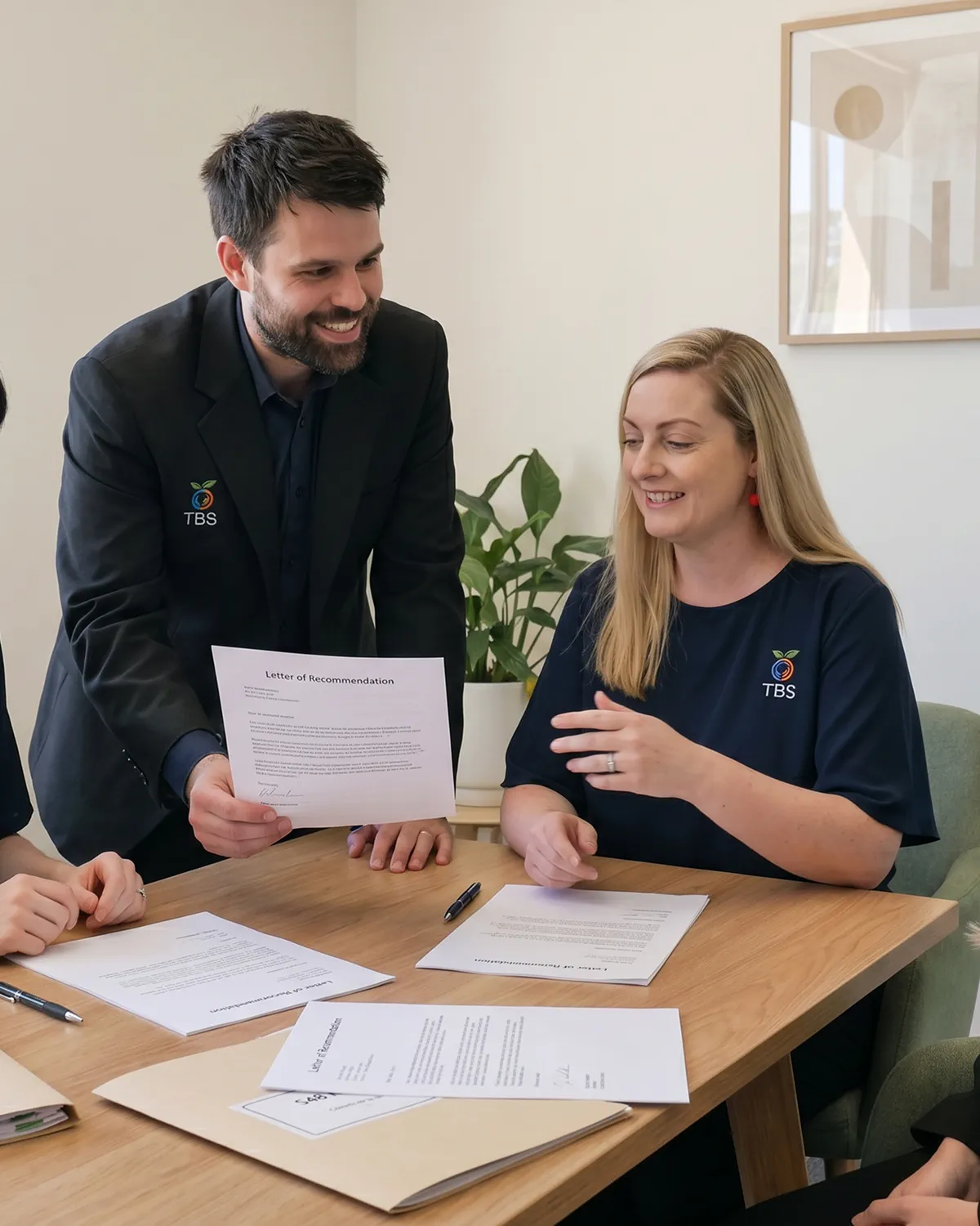 A Target Behaviour Services practitioner holds up a Letter of Recommendation while sitting with a colleague at a meeting table reviewing documents.