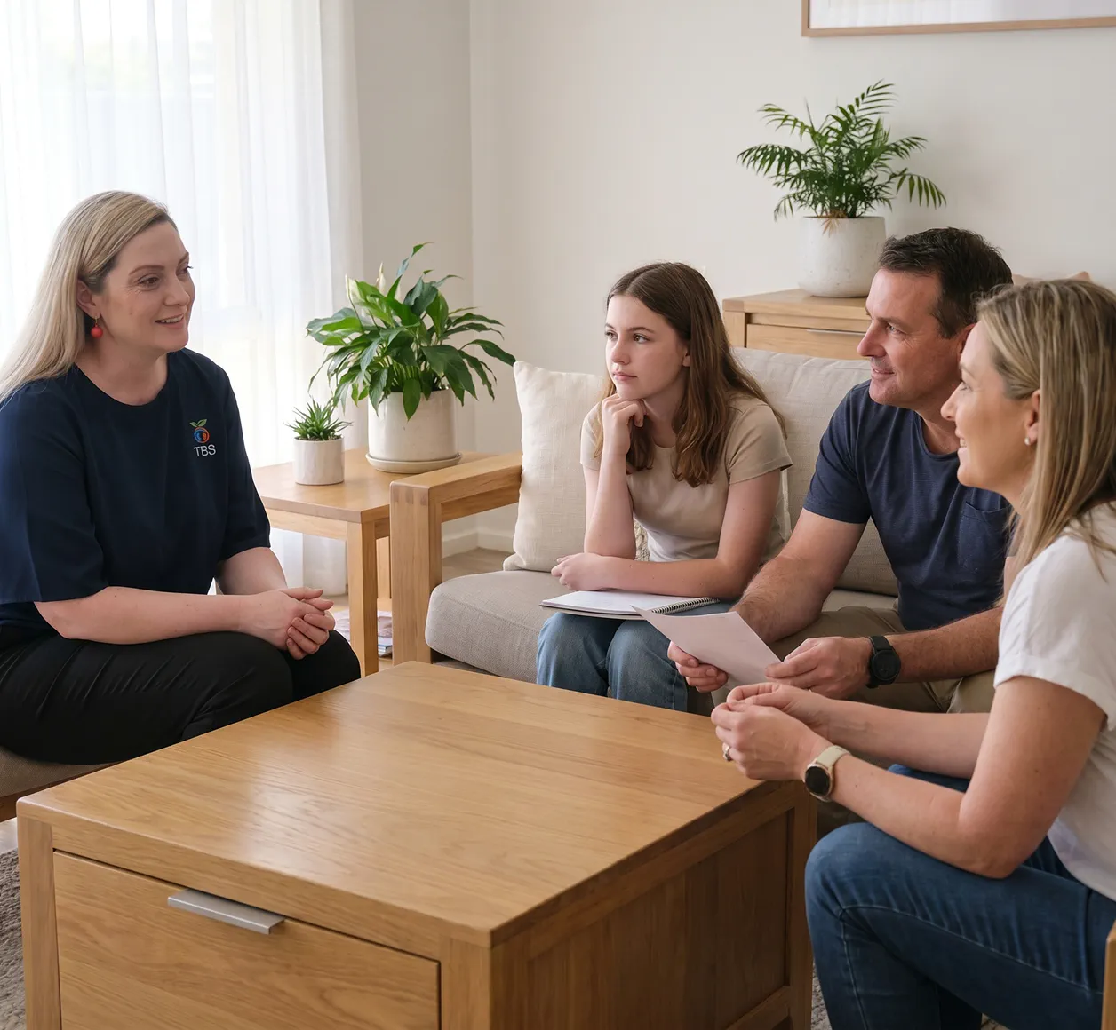 A Target Behaviour Services practitioner sits across from a family of three on a couch during a behaviour support discussion, with documents on the coffee table between them.
