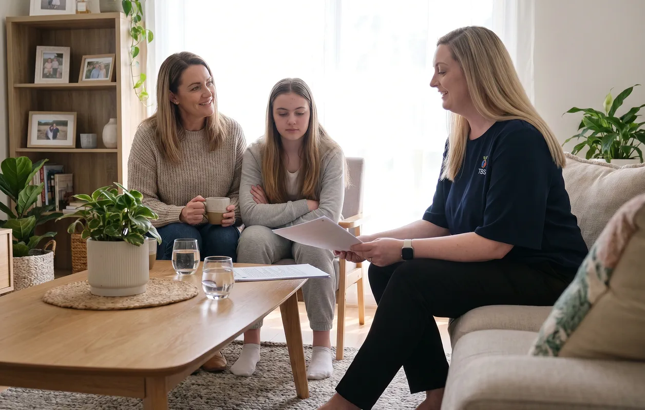 A Target Behaviour Services practitioner shares a document with a mother and her teenage daughter on a couch during a support session.