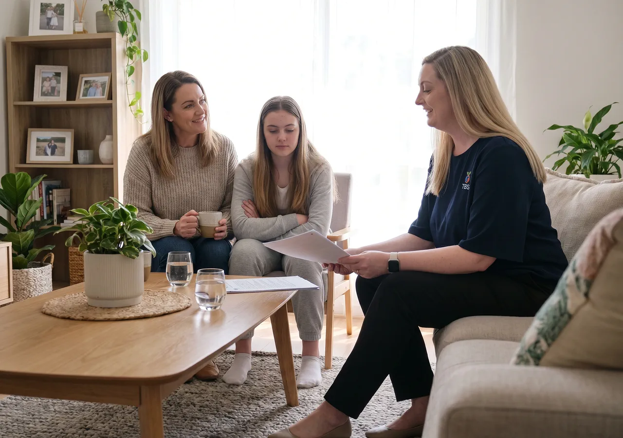 A Target Behaviour Services practitioner sits with a mother and her teenage daughter in a sunlit living room, sharing a document during a support session.
