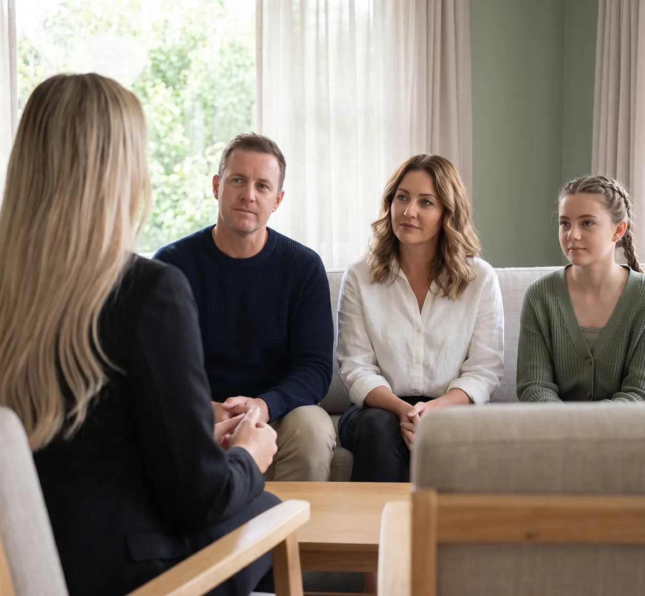 A Target Behaviour Services practitioner speaks with a father, mother and teenage daughter on a couch during a mental health support discussion.