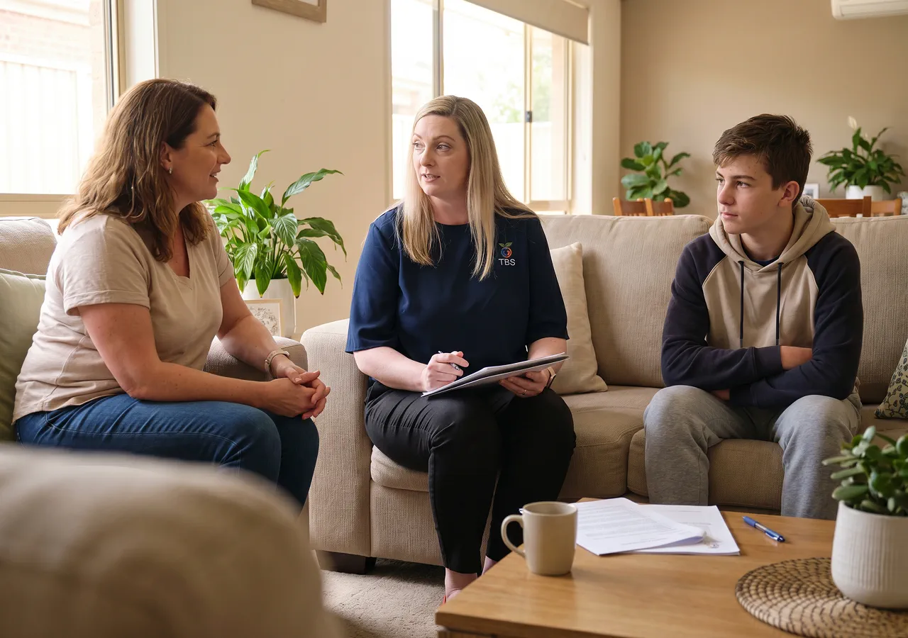 A Target Behaviour Services practitioner sits with a mother and her teenage son in their living room holding a clipboard during a behaviour support discussion.