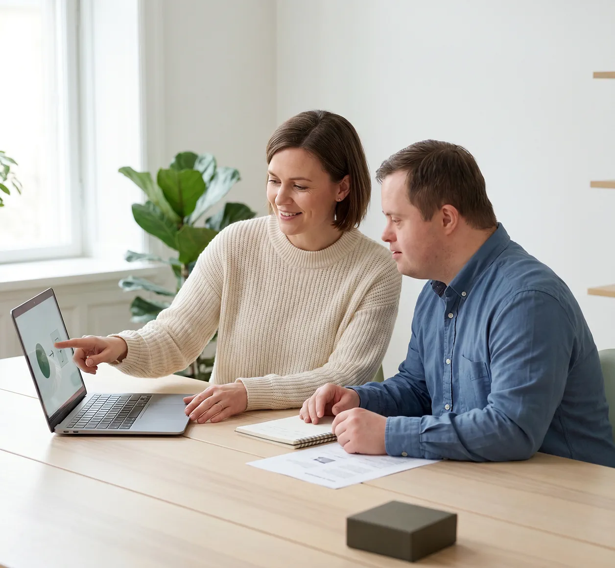 A support worker shows information on a laptop to a participant with Down syndrome at a wooden table.