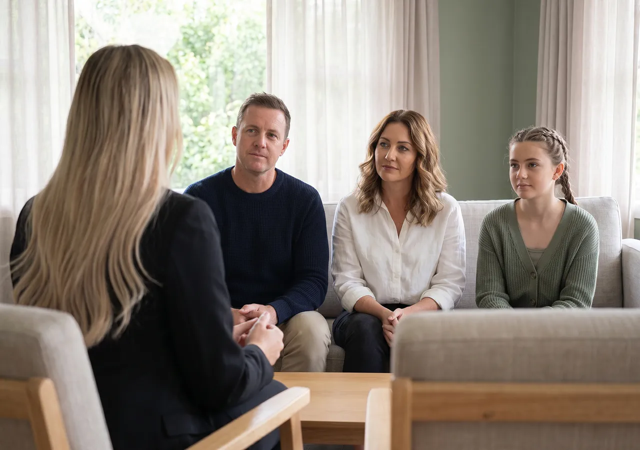 A Target Behaviour Services practitioner speaks with a family of four sitting together on a couch in their sunlit living room.