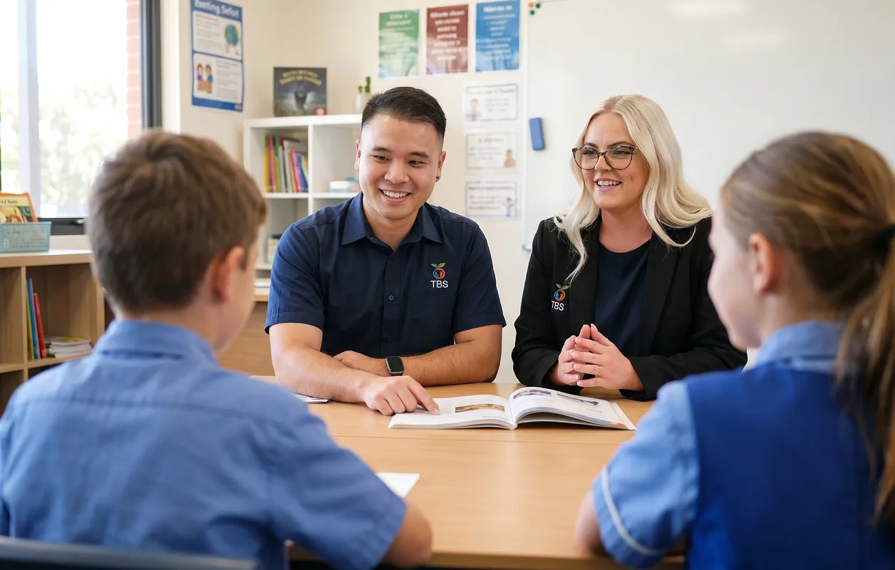 Two Target Behaviour Services practitioners sit at a school table with two students working through a learning book together in a classroom setting.