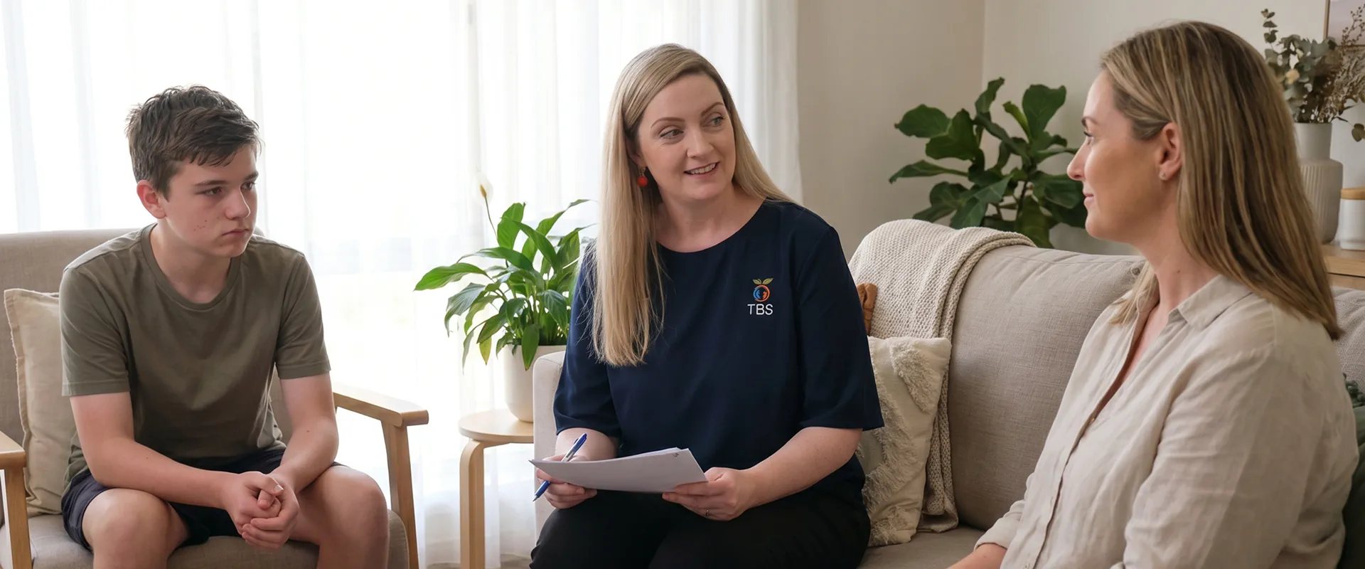 A Target Behaviour Services practitioner shares progress report paperwork with a teenage boy and his mother seated on a couch.