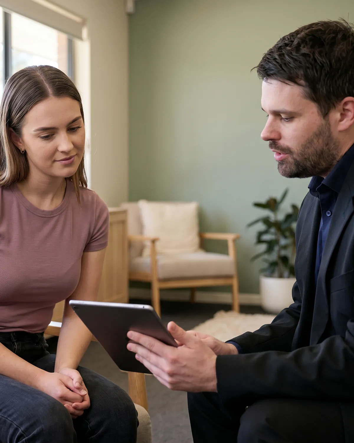 A Target Behaviour Services practitioner shows a progress report on a tablet to a young female participant during a one-on-one session.