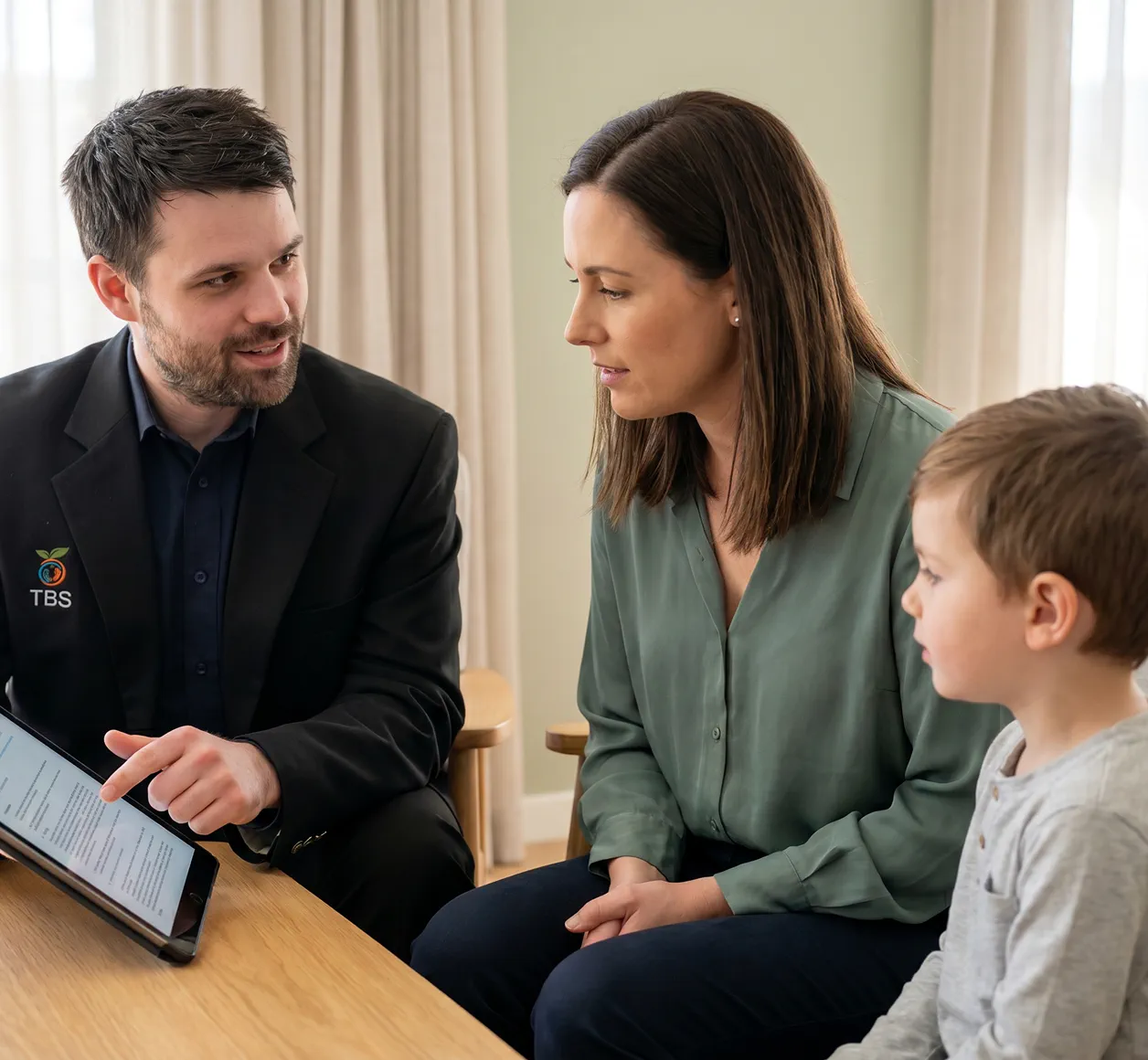 A Target Behaviour Services practitioner shows a tablet to a mother and her young son during a progress report discussion.