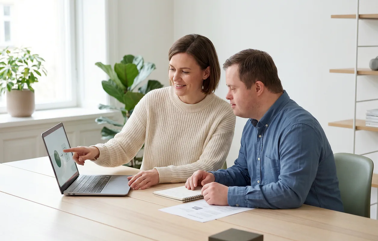 A support worker shows information on a laptop to a participant with Down syndrome at a wooden table.