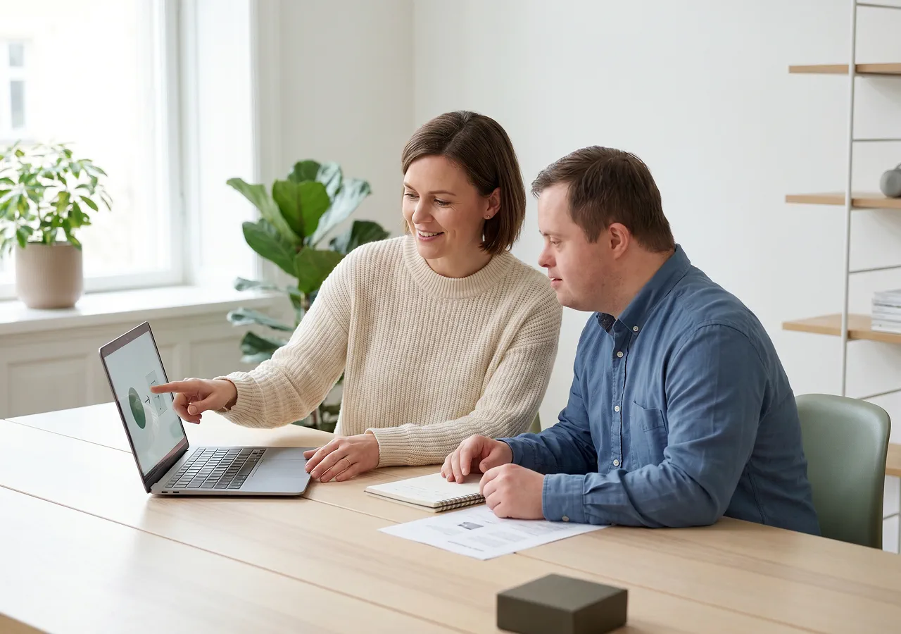 A support worker shows information on a laptop screen to a participant with Down syndrome at a wooden table.