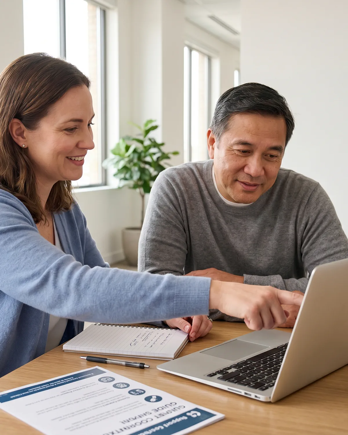 A support coordinator and a colleague review documentation together on a laptop, with a Support Coordinator Guide on the table.