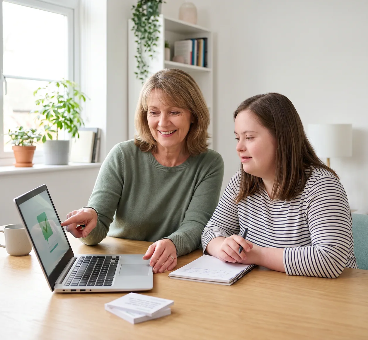 A support worker shows information on a laptop to a young participant with Down syndrome during a one-on-one session.