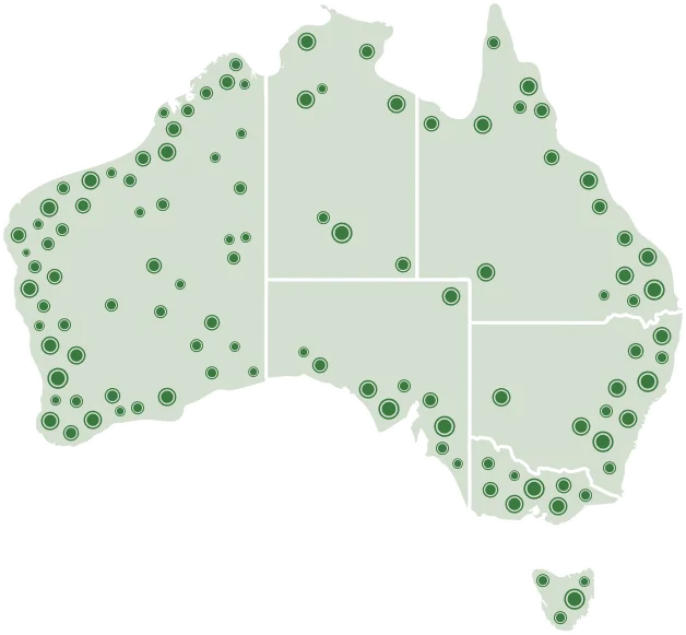 Map of Australia showing Target Behaviour Services coverage areas, with concentrated service points across Western Australia and dots indicating presence in other coastal regions.