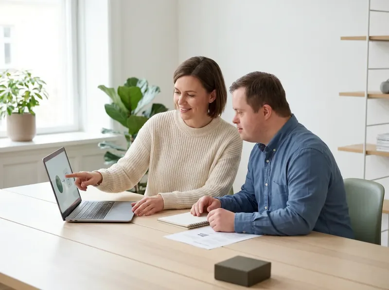 A support coordinator points out information on a laptop screen for a participant with Down syndrome at a wooden table.