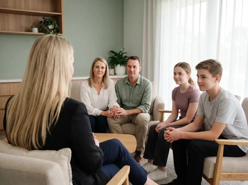 A Target Behaviour Services practitioner speaks with a mother, father, teenage daughter and teenage son seated on couches in a calm living room.