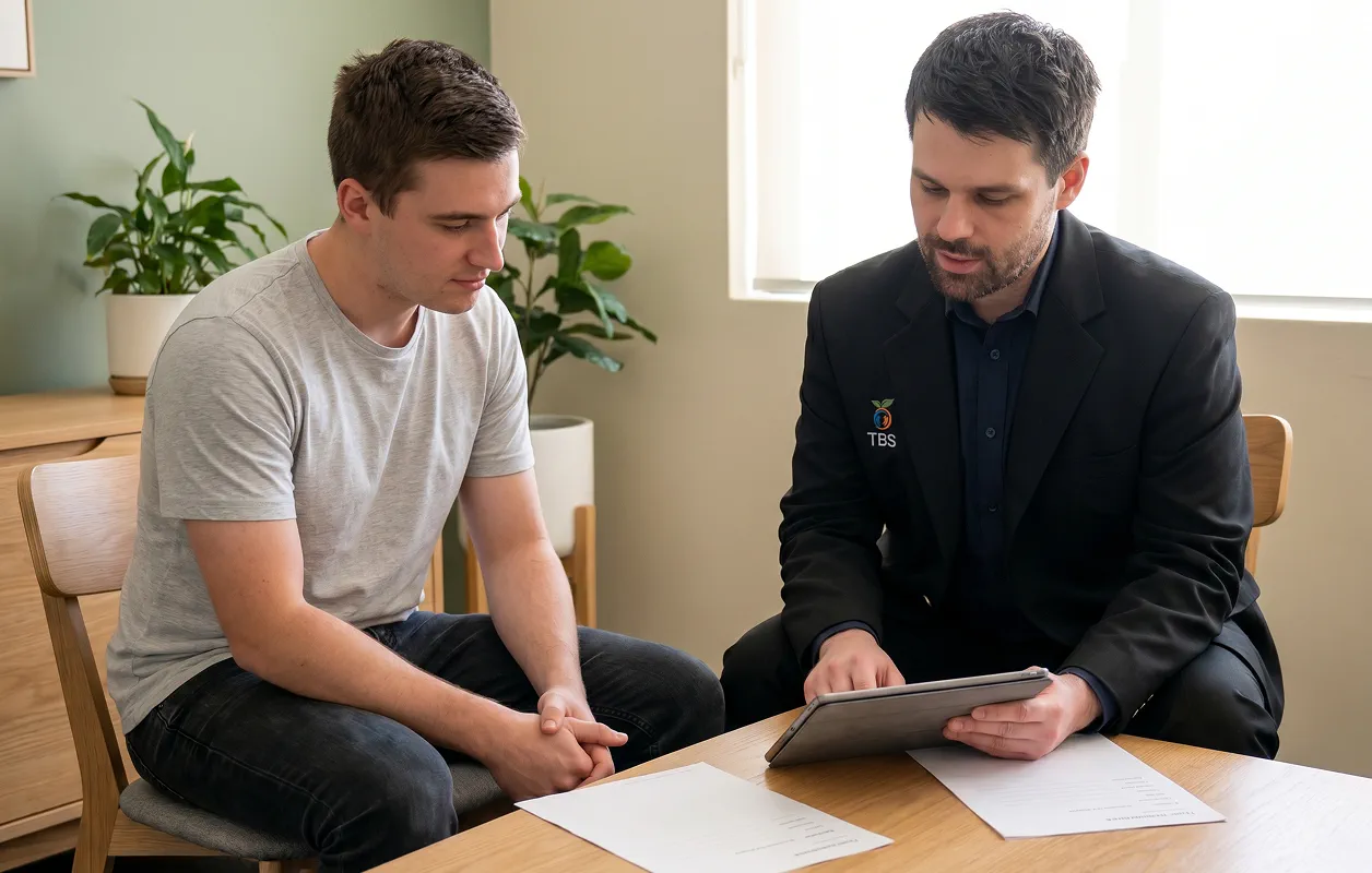A Target Behaviour Services practitioner reviews information on a tablet with a young male participant during a one-on-one consultation.