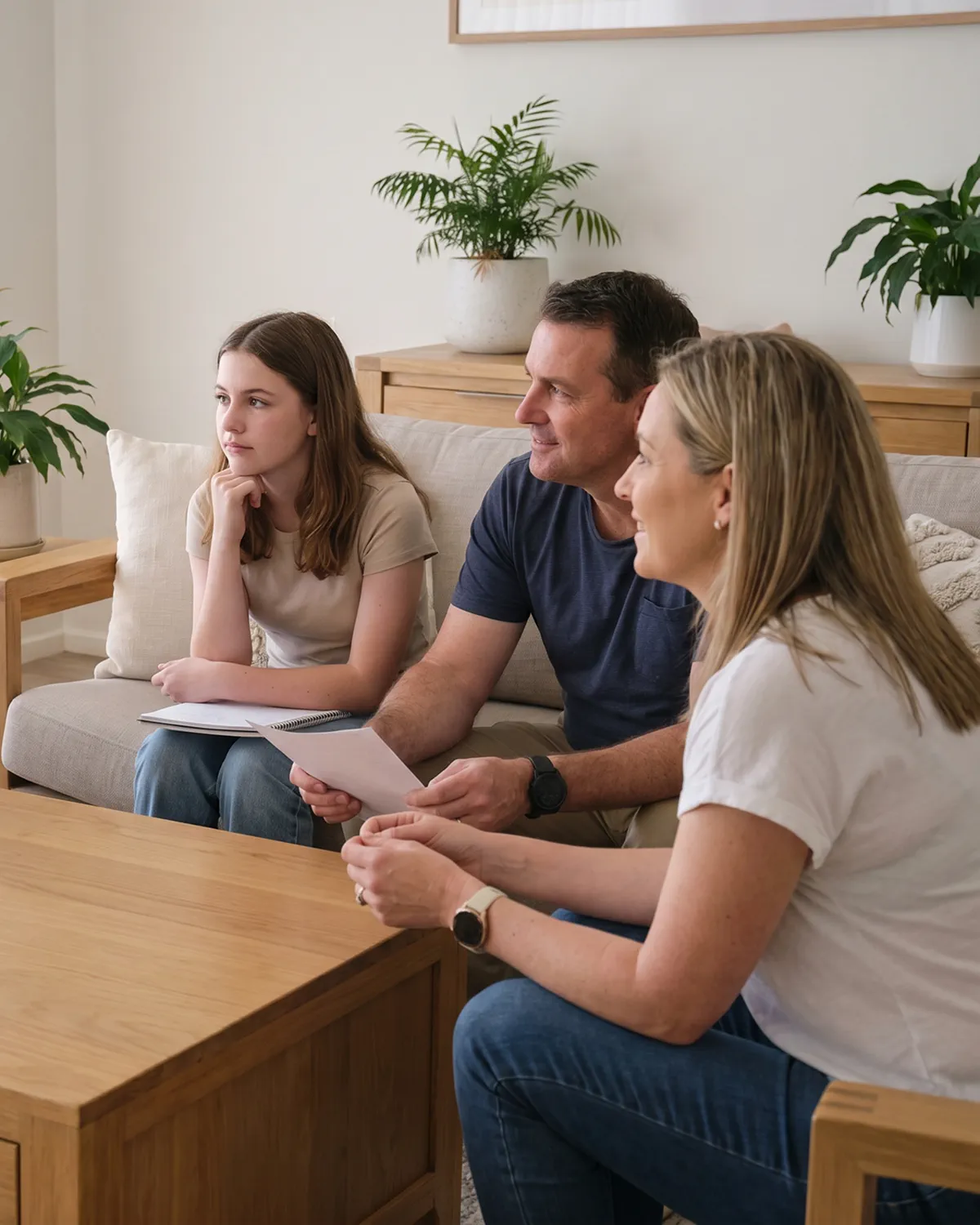 A teenage daughter, father and mother sit together on a couch listening attentively while reviewing a document.