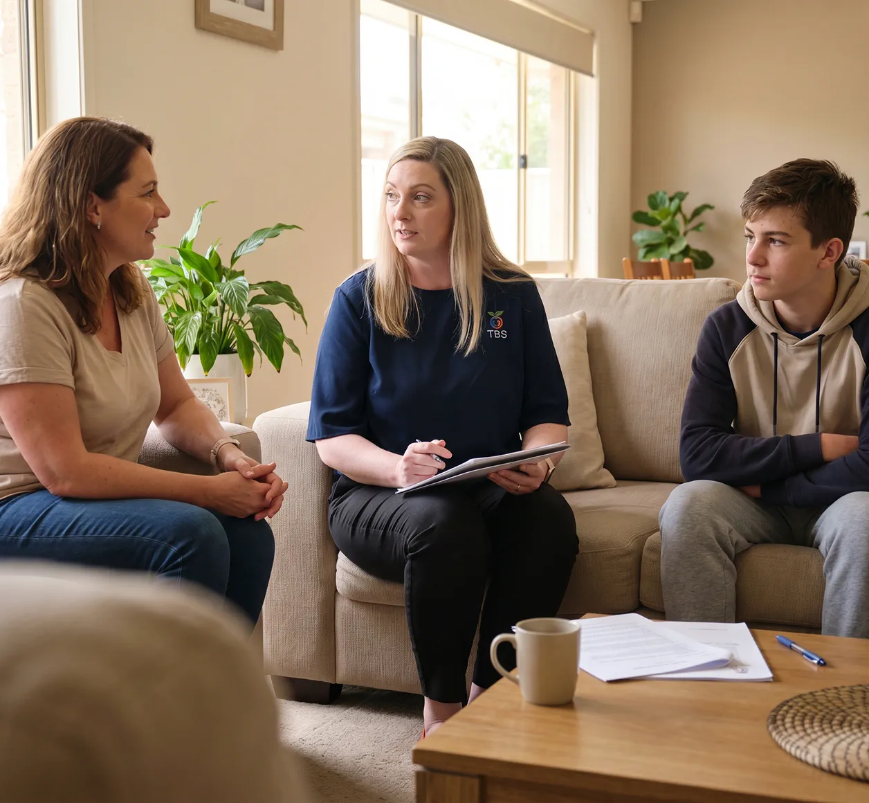 A Target Behaviour Services practitioner sits with a mother and her teenage son in their living room holding a clipboard during an in-home behaviour support session.