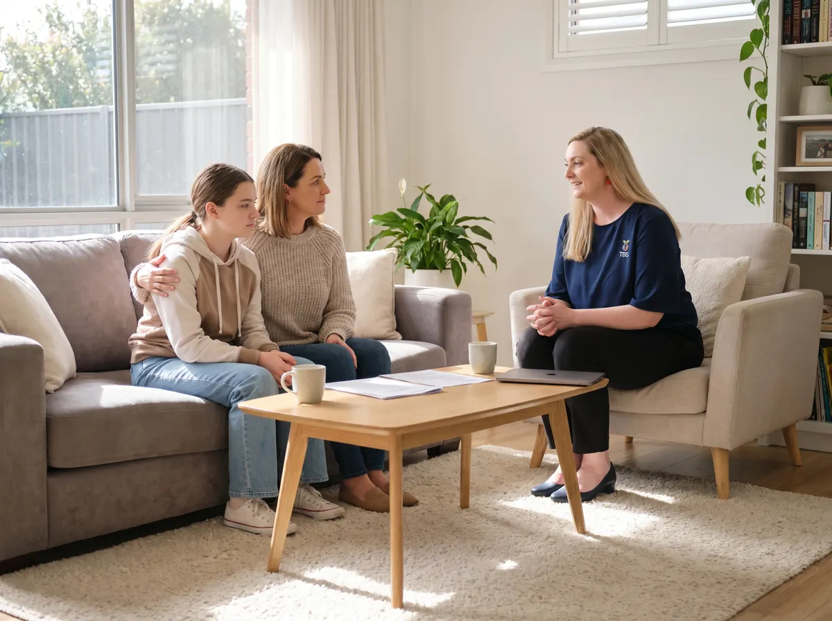 A Target Behaviour Services practitioner discusses a behaviour support plan with a mother and her teenage daughter in a sunlit living room.